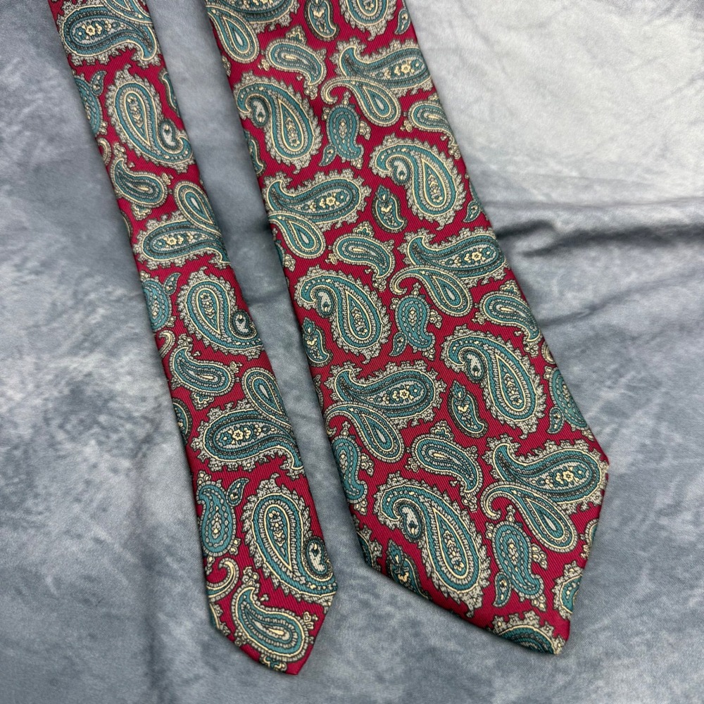 Damon Mens Silk‎ Paisley Tie Red Teal Gold Made in USA Italian Fabric 56 Inch